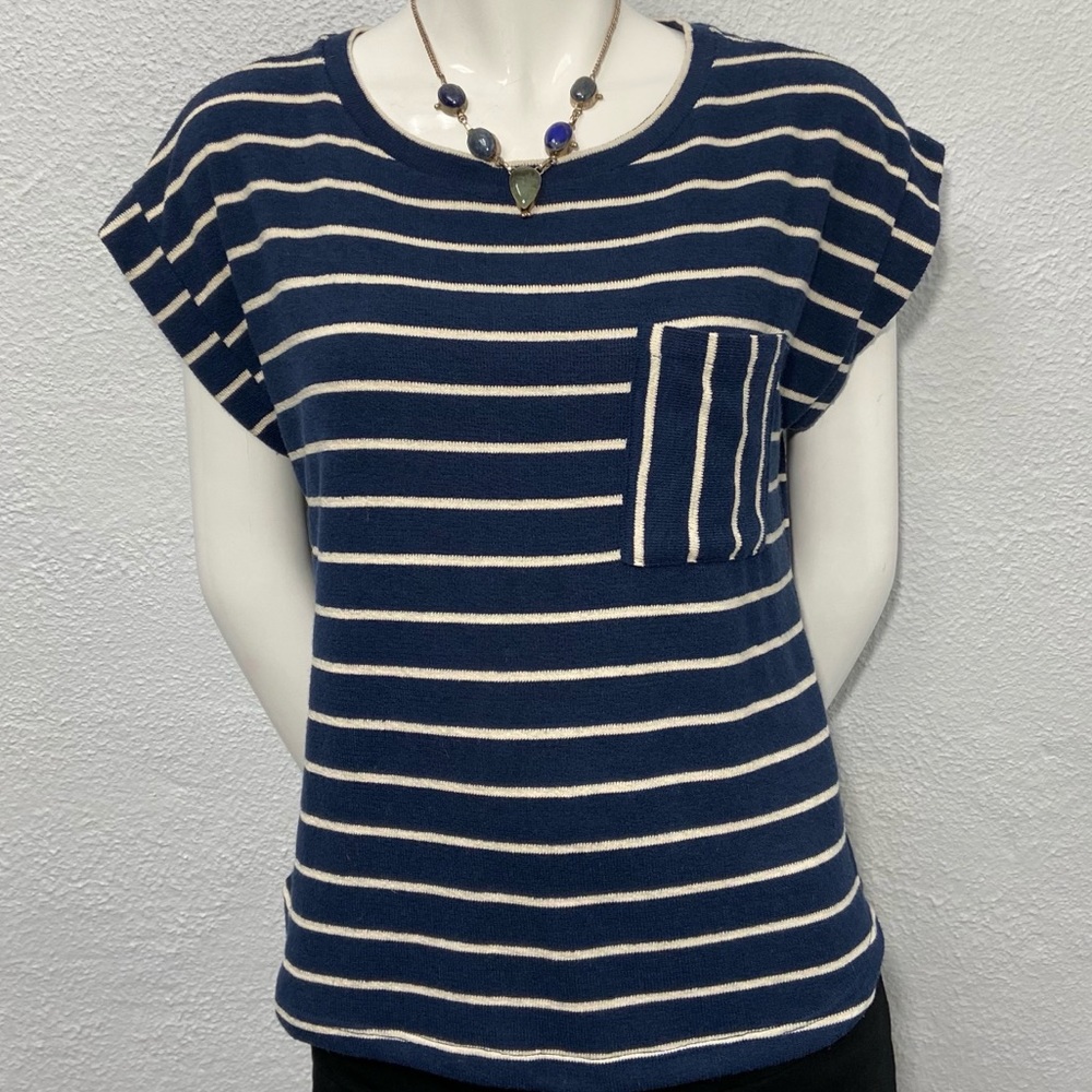 Monteau Striped Navy & White Knit Blouse Short Sleeve Top